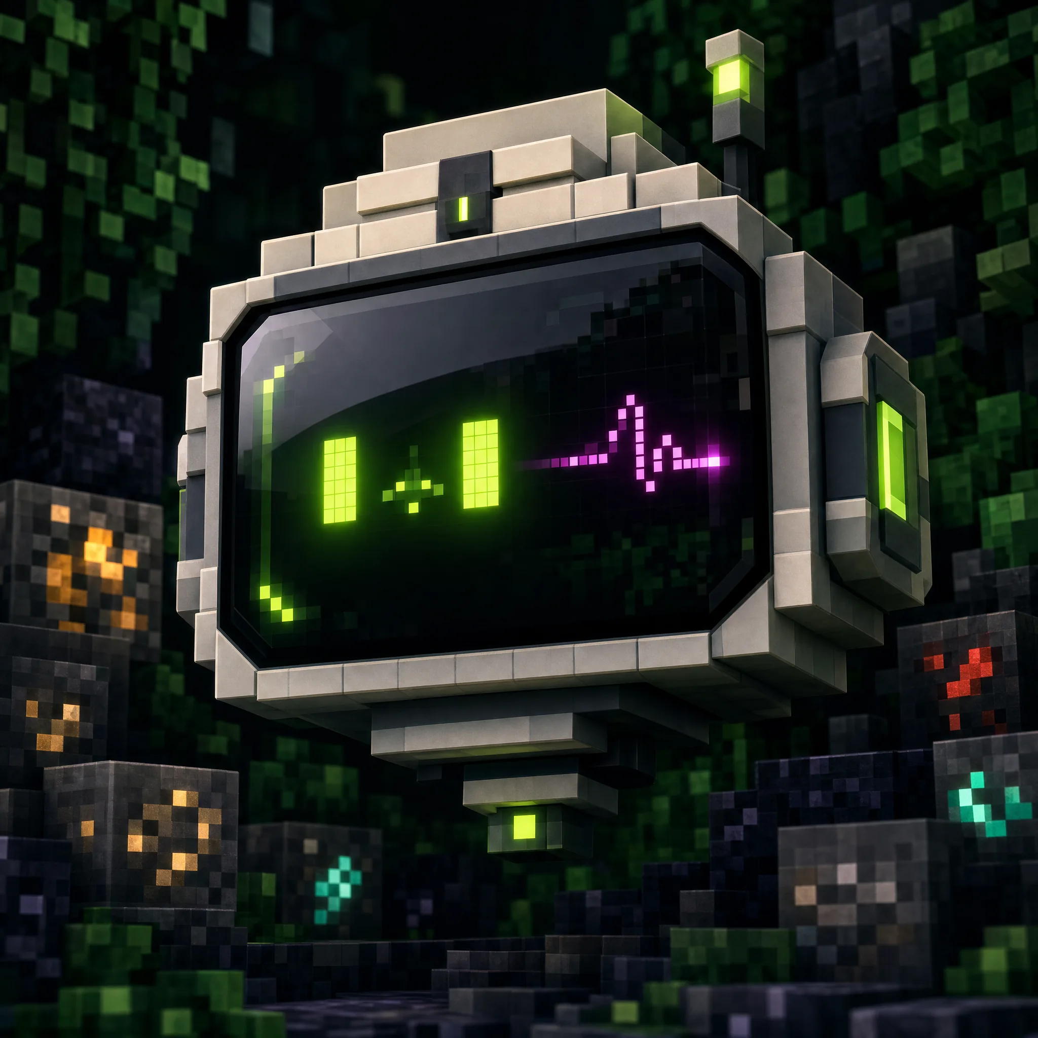 Close-up stylized helper bot visor with lime status glow and magenta signal pulse