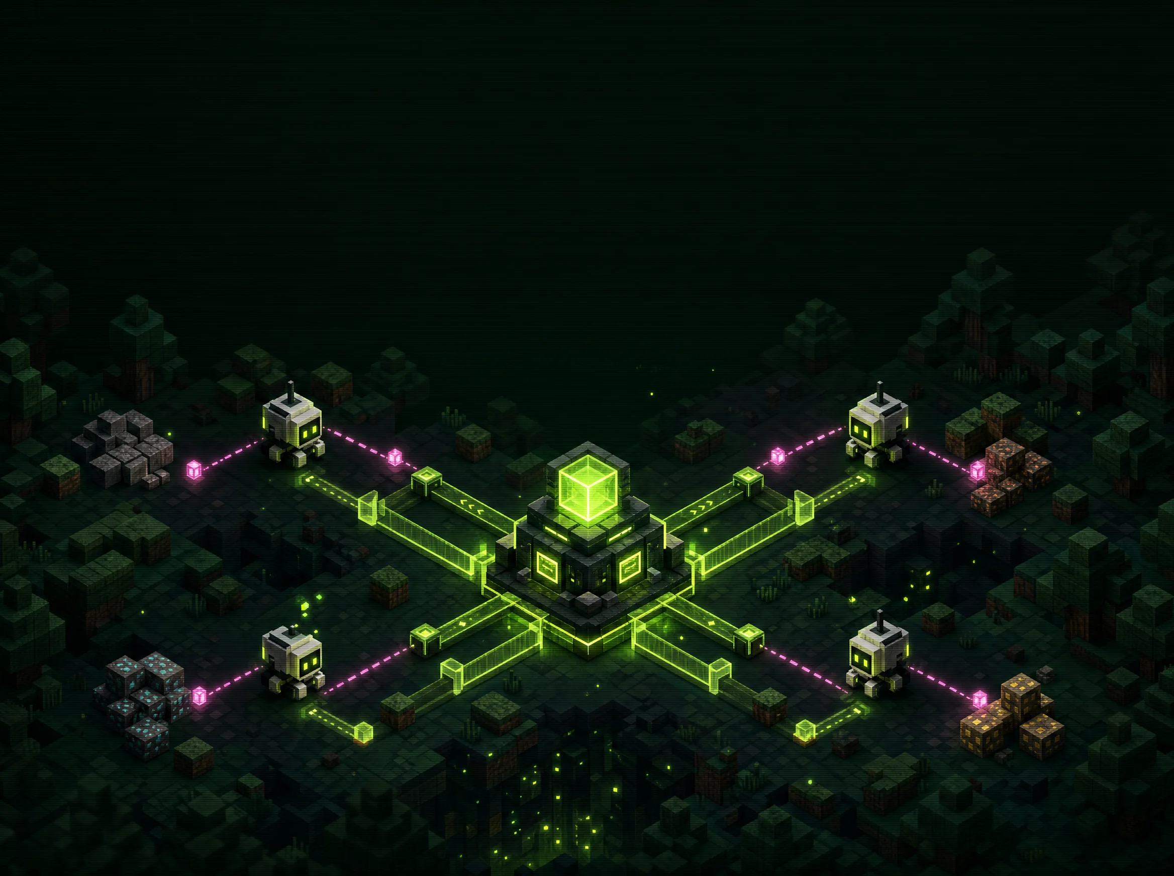 Isometric OreMind command hub with helper bots connected by lime and magenta corridors
